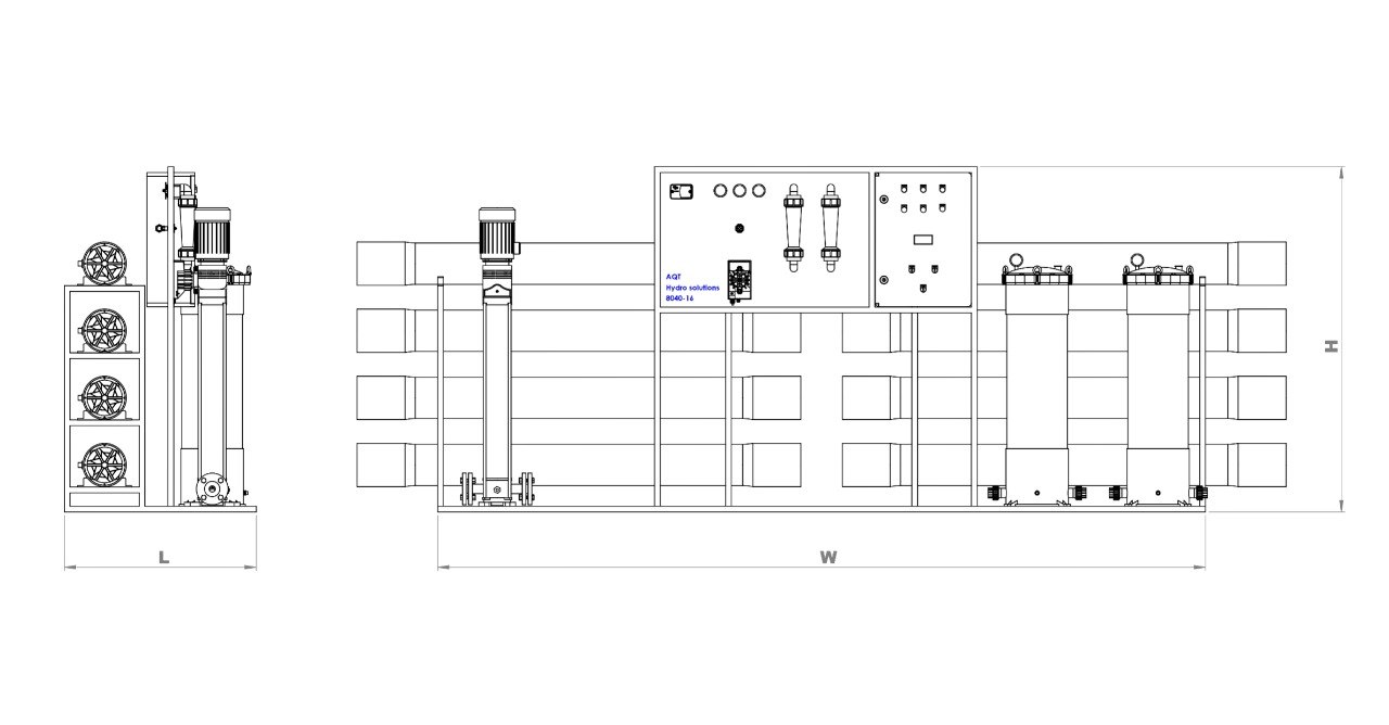 Plan coté de la station d’osmose inverse AQUATIQA AQT8040-16 : vue de côté et vue de face, avec les cotes hauteur H, largeur W et longueur L